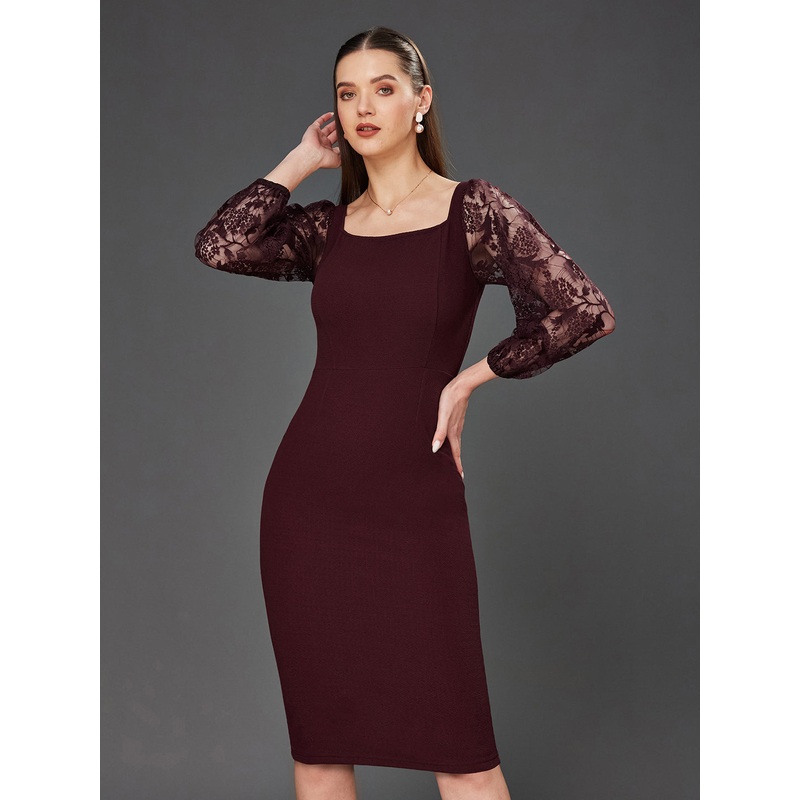 Crease Ease Women’s Wine Solid Bodycon Square Neck Full Sleeve Slim Fit Knee-Long Dress XS Maroon