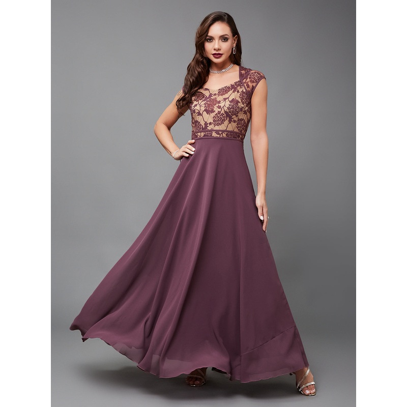 Mauve Floral Cap Sleeves Fit and Flare Lace Maxi Dress for Women XS Mauve