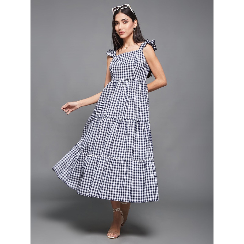 Navy & White Cotton Checkered Midi Tiered Dress XS Navy