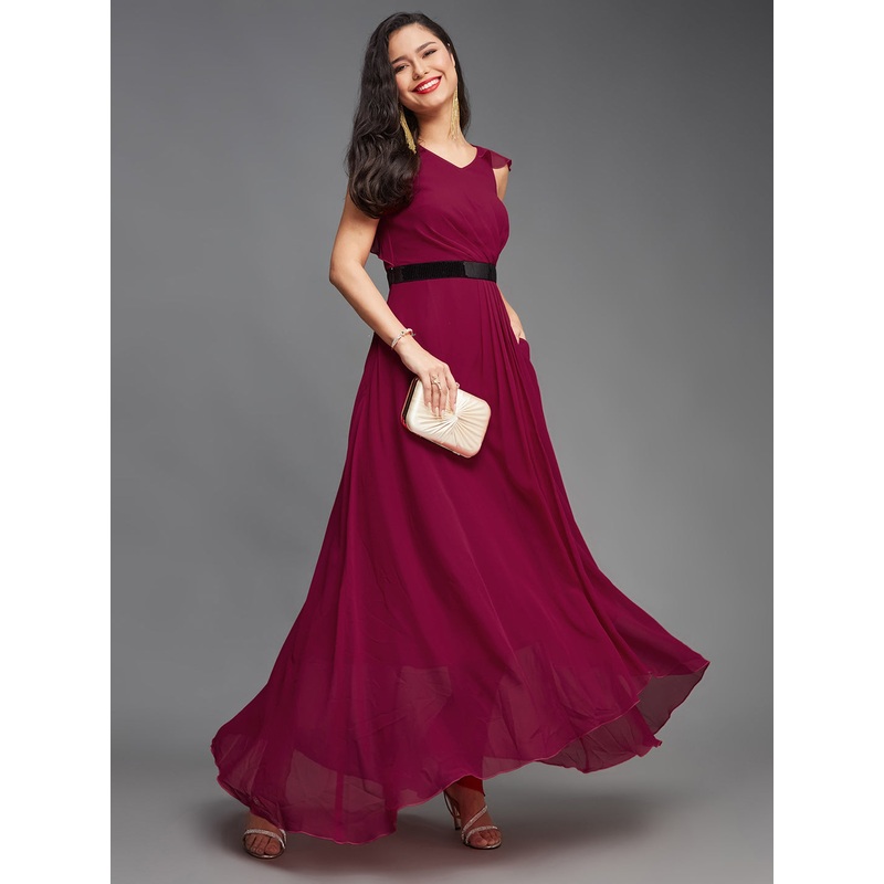 Women’s Dark Pink V-Neck Ruffled Sleeve Sequined Party Maxi Dress XS Pink