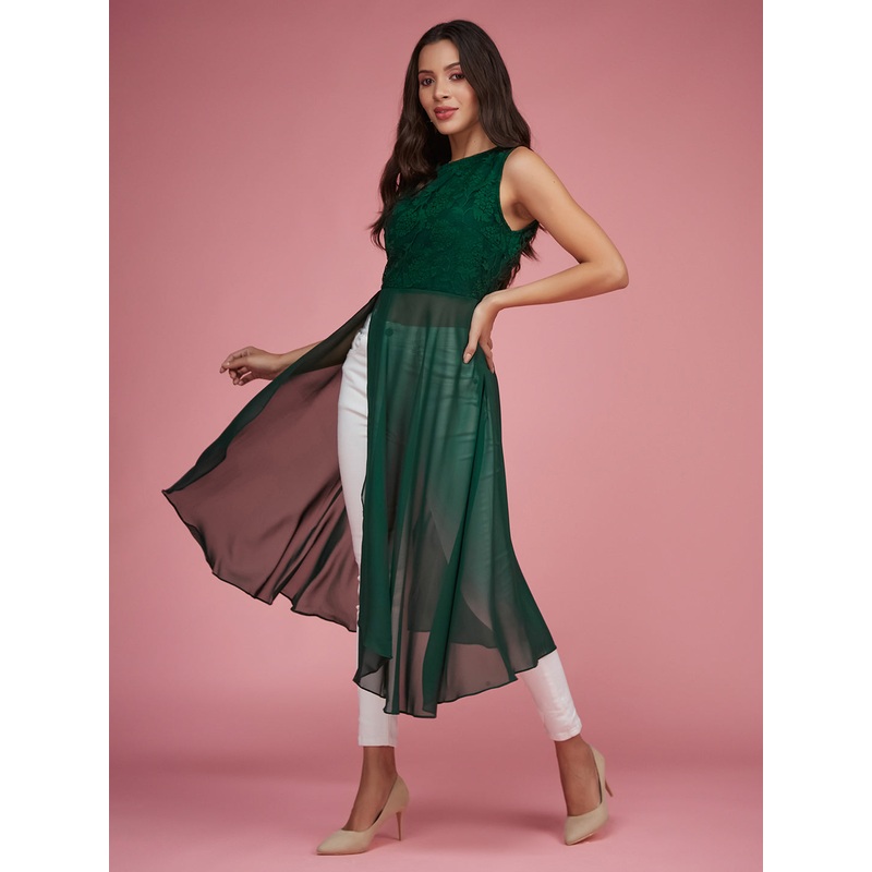 Women’s Forest Green Round Neck Sleeveless Solid Lace Overlaid Maxi Top XS Green