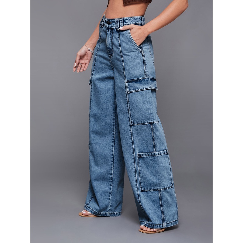 Women’s Light Blue Wide-Leg High-Rise Cargo Denim Jeans 26 Blue