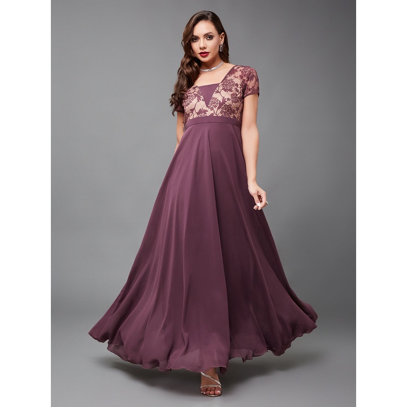 Women’s Mauve Square-Neck Raglan-Sleeve Self-Designed Flared Georgette Maxi Dress Mauve