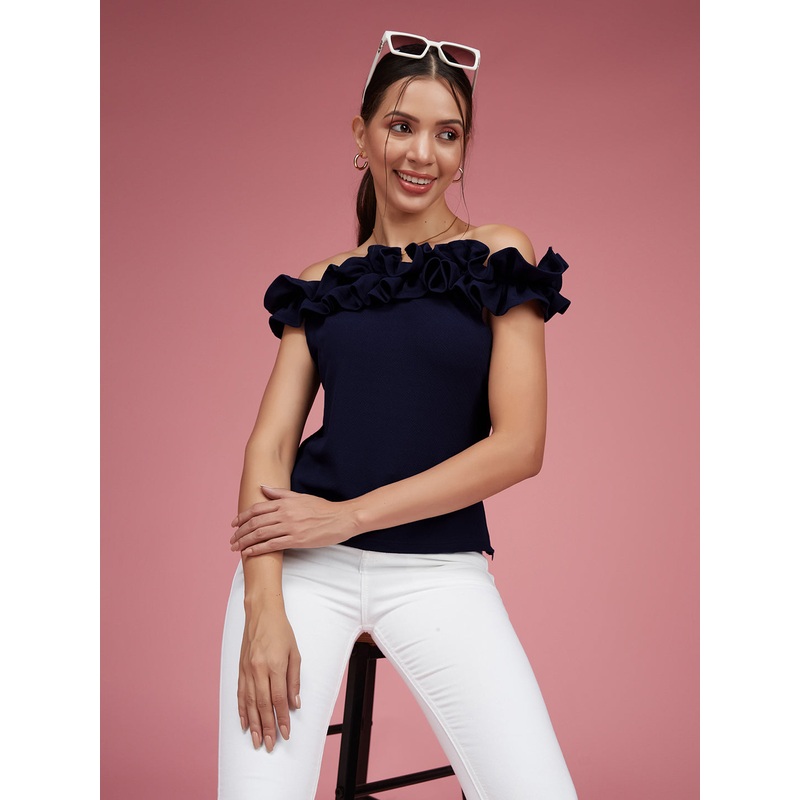 Women’s Navy Blue Off Shoulder Sleeveless Solid Ruffled Frilled Gathered Bardot Top XS Navy Blue