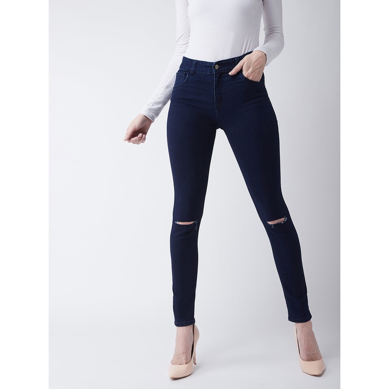 Women’s Navy-Blue Skinny-Fit High-Rise Knee-Slit Stretchable Denim Jeans 26 Navy Blue