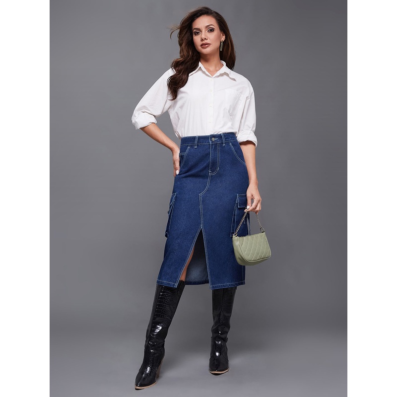 Women’s Navy Blue Straight High-Rise Midi Cargo Denim Skirt 26 Blue