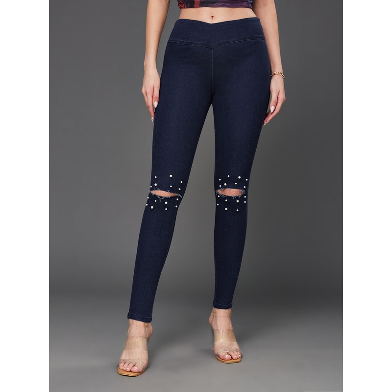 Women’s Navy-Blue Super Skinny High-Rise Clean-Look Regular Length Knee-Slit Embellished Stretchable Denim Jeggings 26 Navy Blue