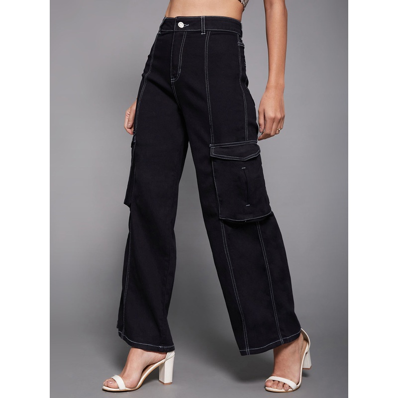 24/7 Comfort Black Wide-Leg High-Rise Stretchable Cargo Pockets Denim Jeans 26 Black