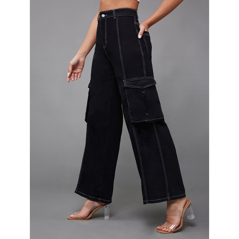 24/7 Comfort Black Wide-Leg High-Rise Stretchable Patch-Pocketed Denim Jeans 26 Black