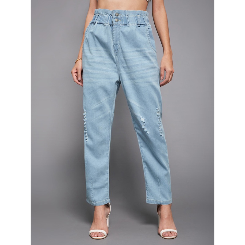 24/7 Comfort Light Blue Mom’s Jean High-Rise Mild Distress Stretchable Denim Jeans 26 Blue