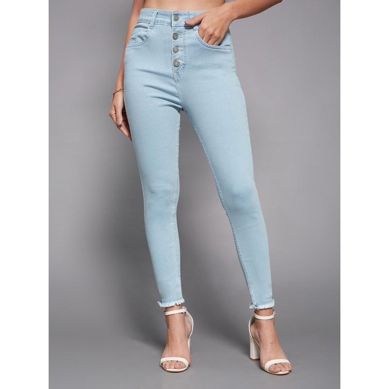 24/7 Comfort Light Blue Skinny High-Rise Fringed Hemline Cropped Acid Wash Solid Stretchable Denim Jeans 26 Blue