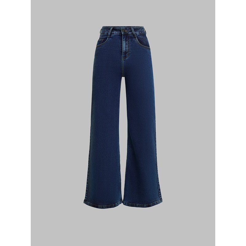 24/7 Comfort Mid-Blue Wide-Leg High-Rise Clean-Look Regular-Length Stretchable Denim Jeans 26 Navy Blue