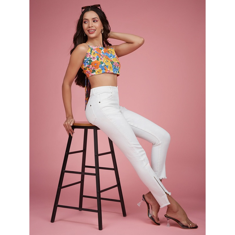 24/7 Comfort White Skinny-Fit High-Rise Side-Slit Raw Edge Detailing Cropped Stretchable Denim Jeans 26 White