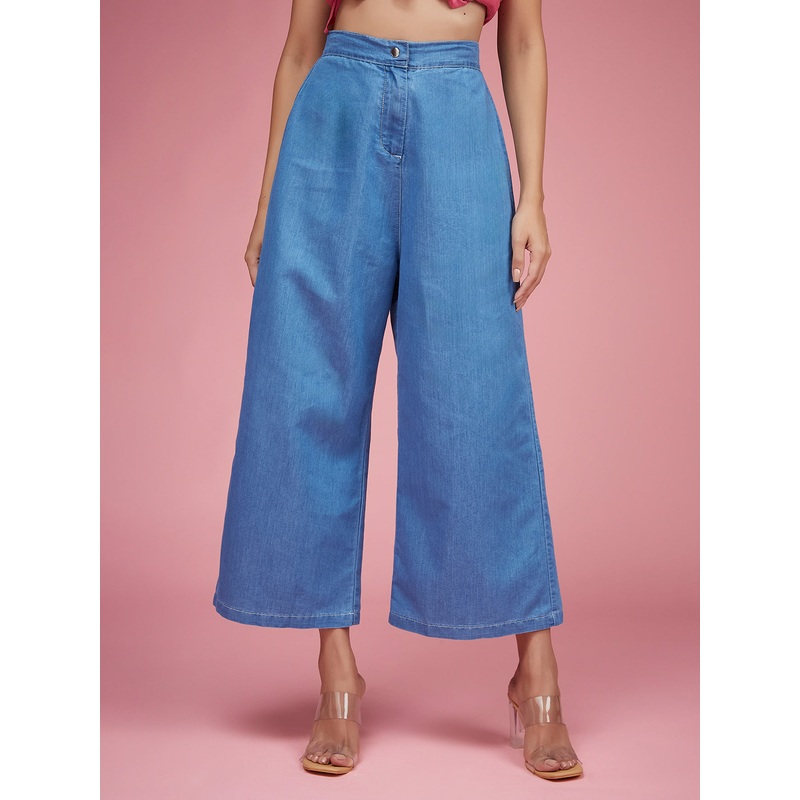 Women’s Blue Flared Wide-Leg High-Rise Non Stretchable Light Weight Denim Culottes Pants 26 Blue