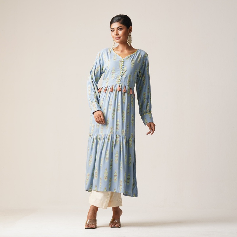 Womens Ethnic Fusion Kurti-Sky 2XL SKY