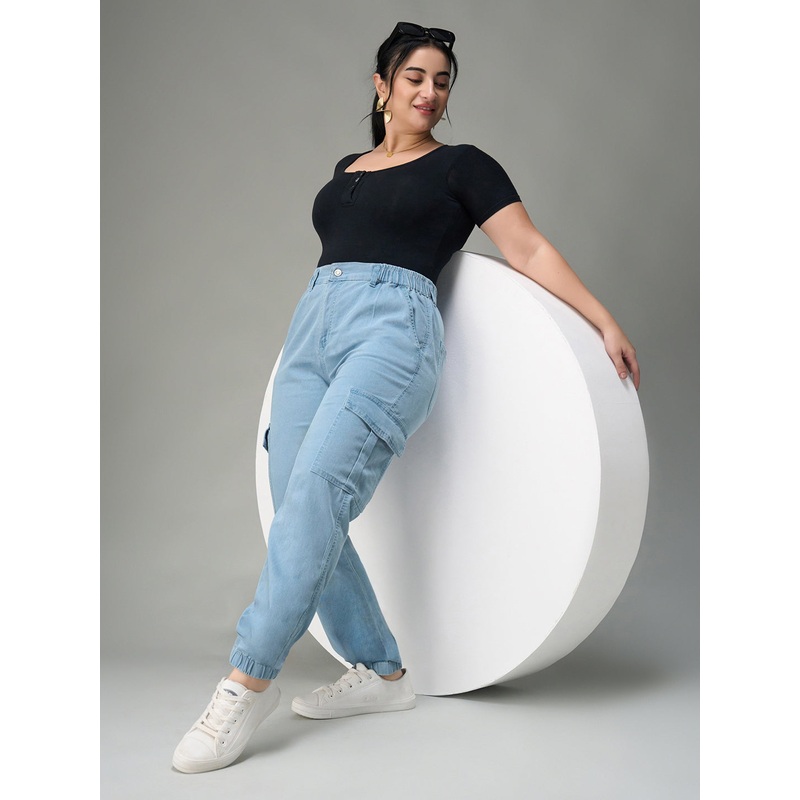 24/7 Comfort Light Blue High-Rise Stretchable Light Weight Denim Joggers 26 Blue