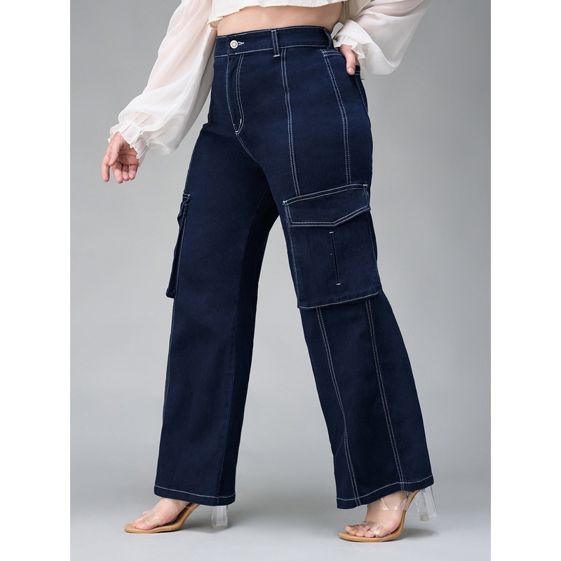 24/7 Comfort Navy-Blue Cargo Wide-Leg High-Rise Stretchable Baggy Denim Jeans 26 Navy Blue