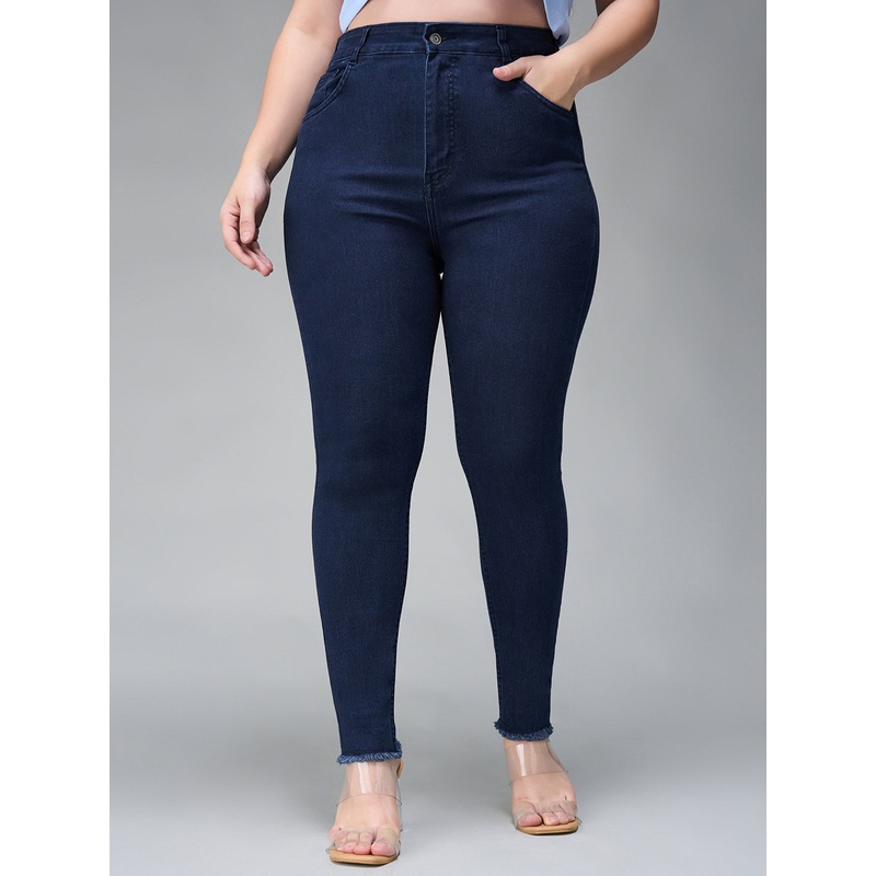 24/7 Comfort Navy-Blue Skinny High-Rise Cropped Fringed Hemline Stretchable Denim Jeans 26 Navy Blue