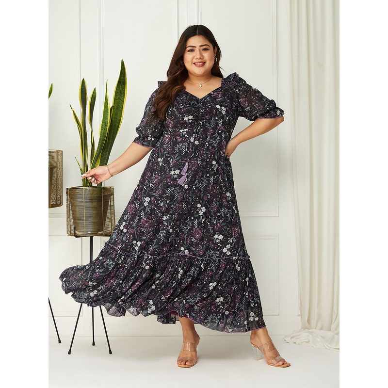 Black Multicoloured Floral Printed Puff Sleeves Sweetheart Neck Fit and Flare Maxi Dress for Women XS Multicolored
