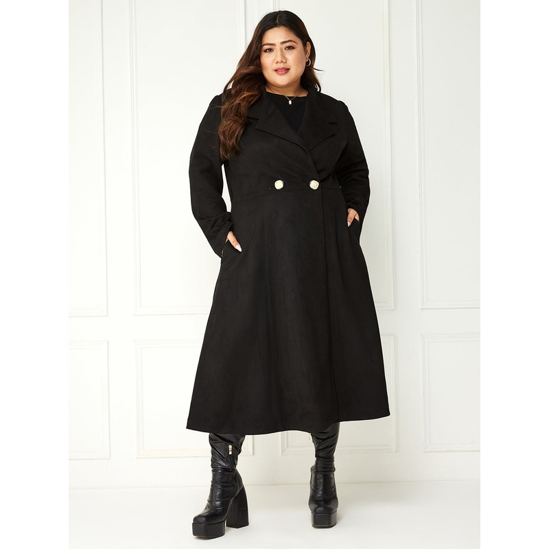 Body Bliss Black Solid Double Breasted Longline Jacket XS Black