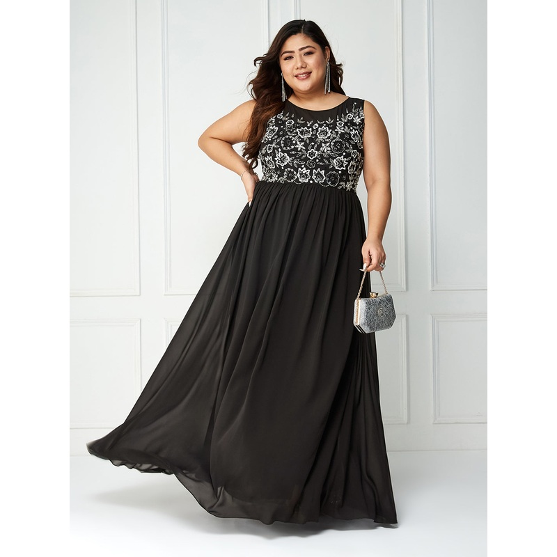 Body Bliss Black Solid Sequin Embroidery Maxi Dress XS Black