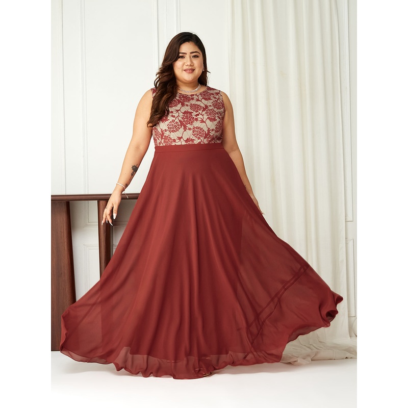 Body Bliss Brick Red & Dusty Green Lace Overlaid Regular Dress XS Red