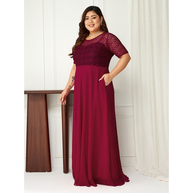 Body Bliss Dark Pink Solid Lace Overlaid Maxi Dress XS Pink