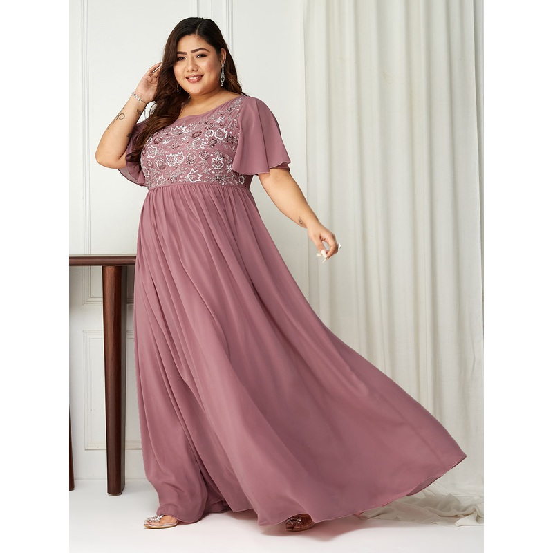 Body Bliss Lavender Sequin Embroidery Georgette Maxi Dress XS Lavender