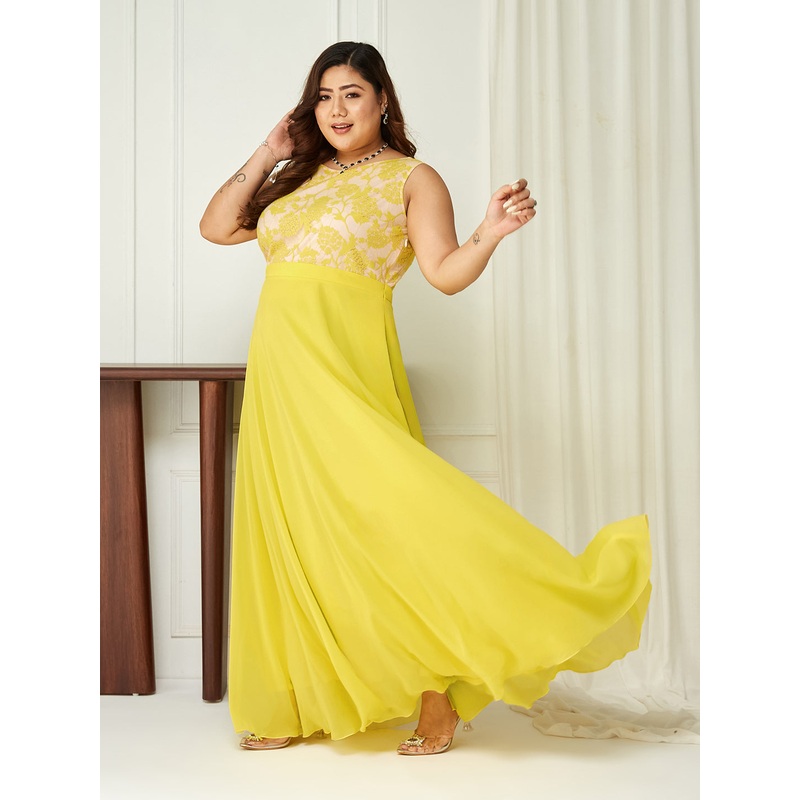 Body Bliss Light Yellow Georgette Lace Floral Fit & Flare Maxi Dress XS Yellow