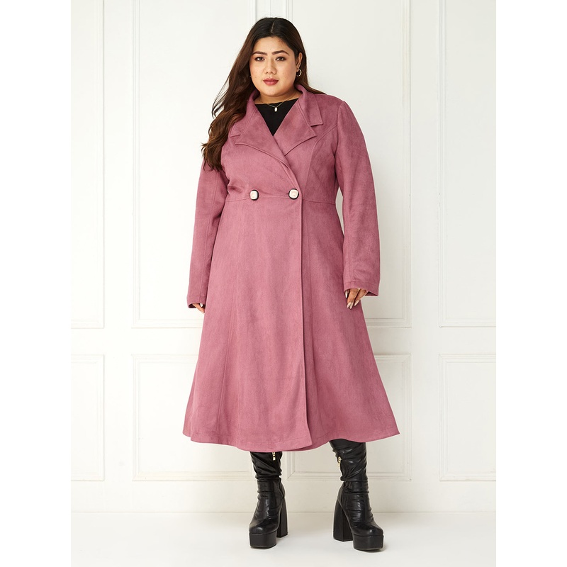 Body Bliss Mauve Solid Double Breasted Longline Jacket XS Mauve