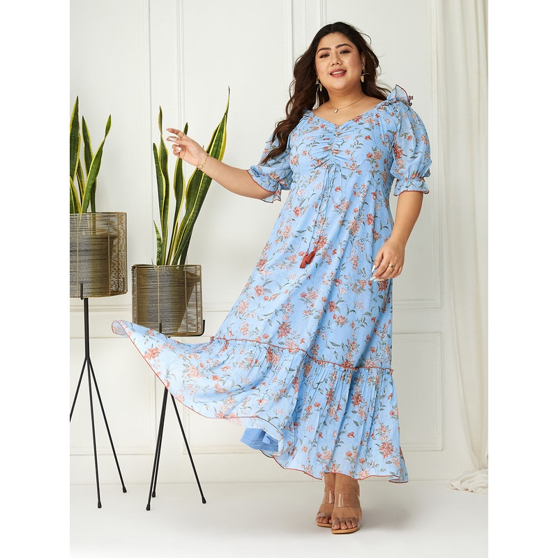 Body Bliss Multicolored-Base-Powder Blue Floral Ruching Ankle-Length Dress XS Blue