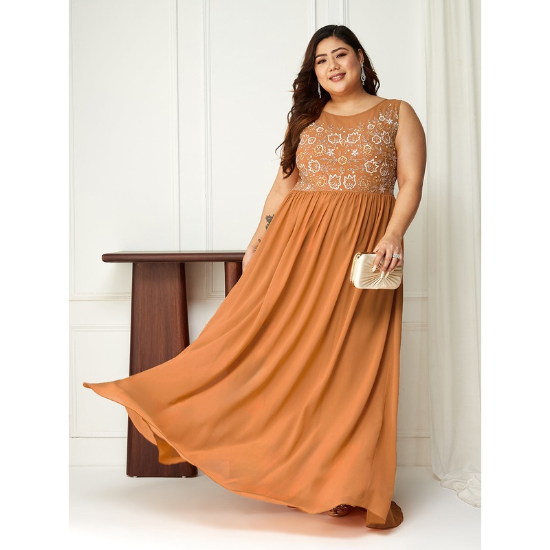 Body Bliss Orange Sequin Embroidered Georgette Maxi Dress XS Orange