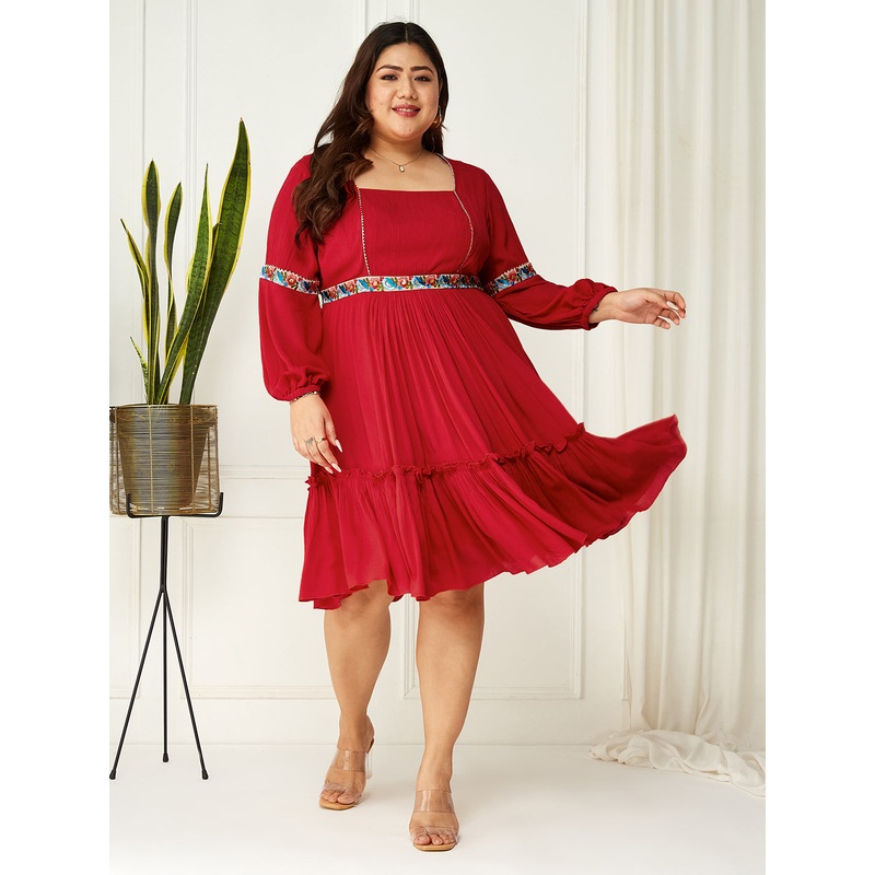 Body Bliss Red Viscose Rayon Solid Gathered Midi Dress XS Red