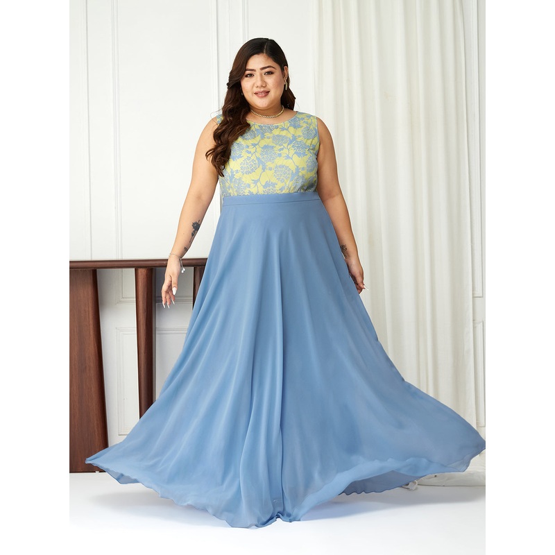 Body Bliss Sky Blue Georgette & Lace Floral Fit & Flare Maxi Dress XS Blue