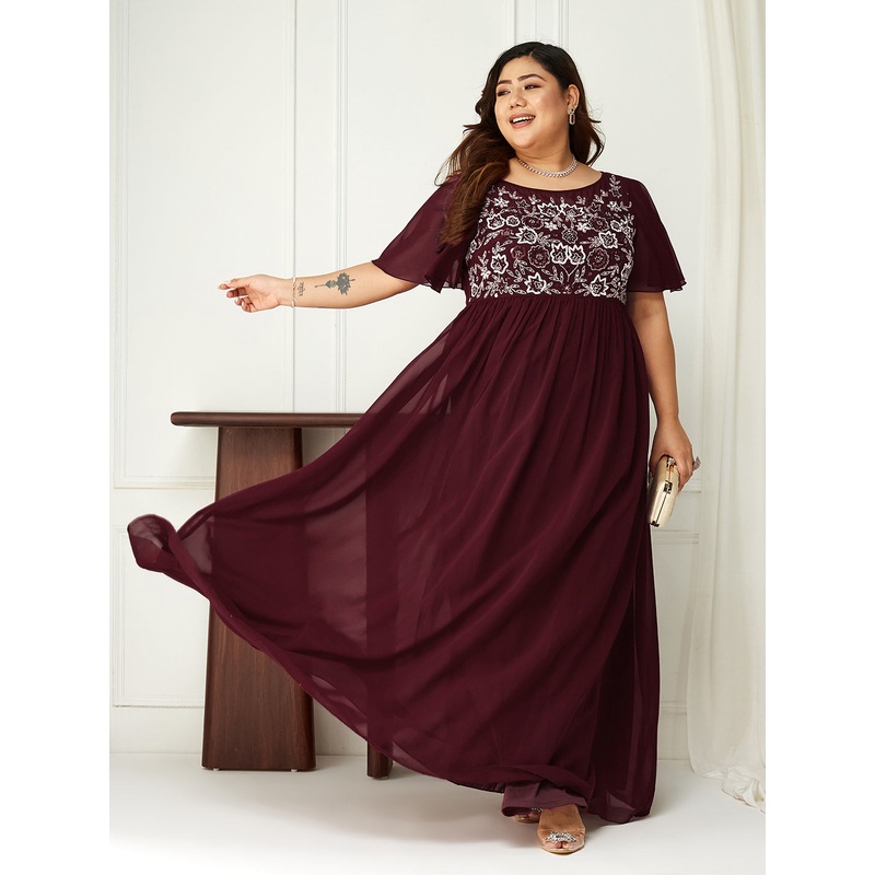 Body Bliss Wine Embellished Georgette Maxi Dress XS Wine