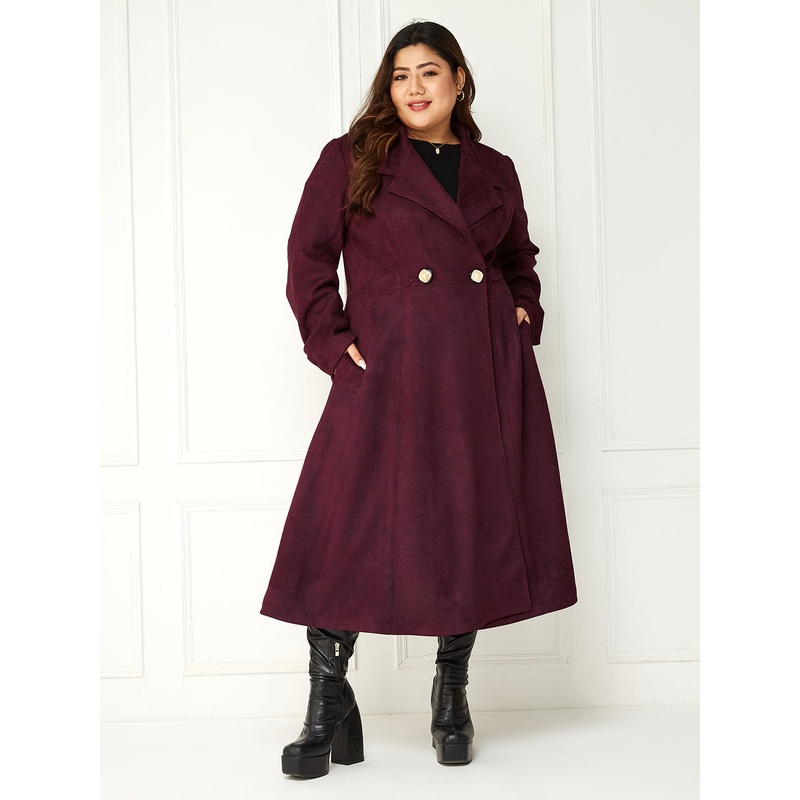 Body Bliss Wine Solid Double Breasted Longline Jacket XS Wine