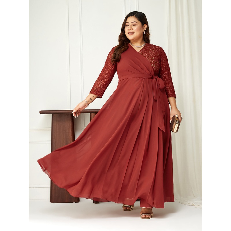 Brick Red Long Sleeves Lace Wrap Maxi Dress for Women XS Red