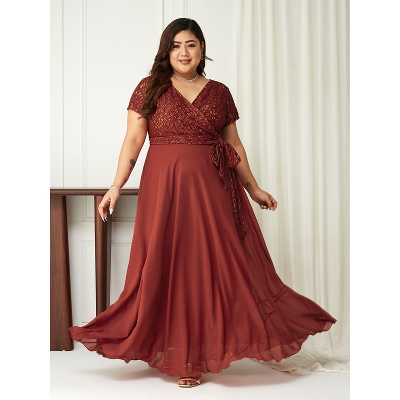 Brick Red Short Sleeves Wrap Fit and Flare Dress with Lace Belt for Women XS Red