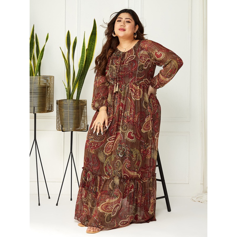 Brown Full Sleeves Printed Maxi Dress for Women XS Brown