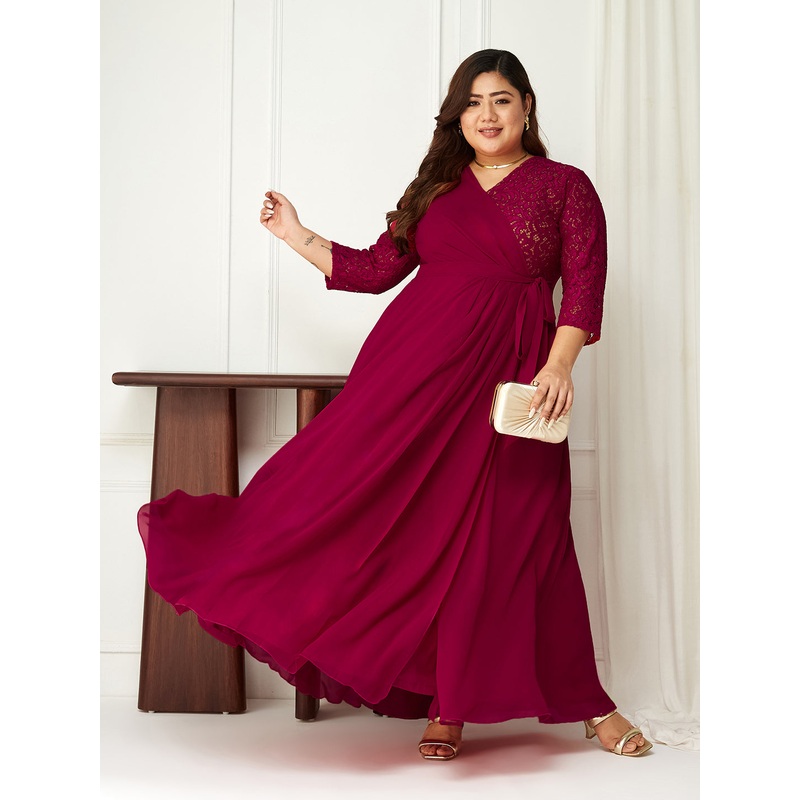 Dark Pink Long Sleeves Lace Wrap Maxi Dress for Women XS Pink