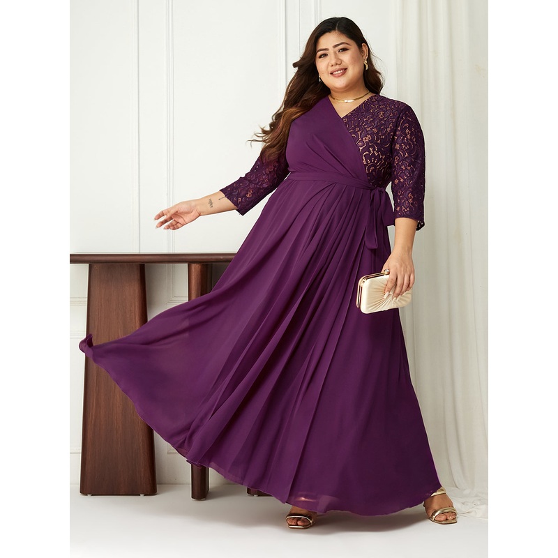 Dark Purple Long Sleeves Lace Wrap Maxi Dress for Women XS Purple