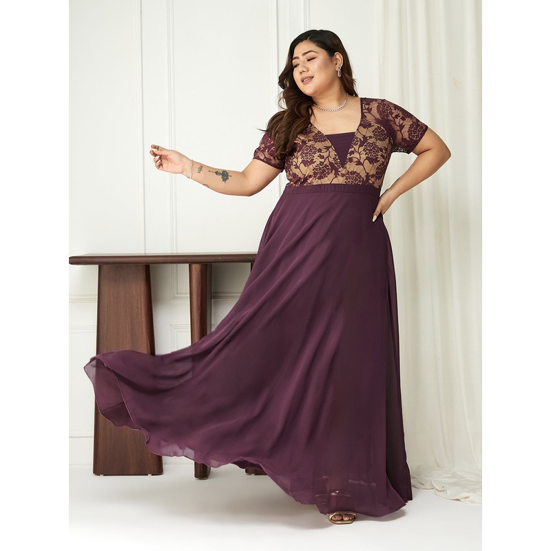 Mauve Short Sleeves Lace Fit and Flare Maxi Dress for Women XS Mauve