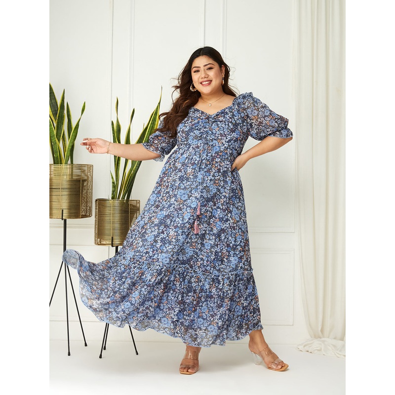 Navy Blue Multicoloured Floral Printed Puff Sleeves Sweetheart Neck Fit and Flare Maxi Dress for Women XS Navy Blue