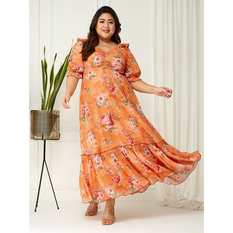 Orange Multicoloured Floral Printed Puff Sleeves Sweetheart Neck Fit and Flare Maxi Dress for Women XS Orange