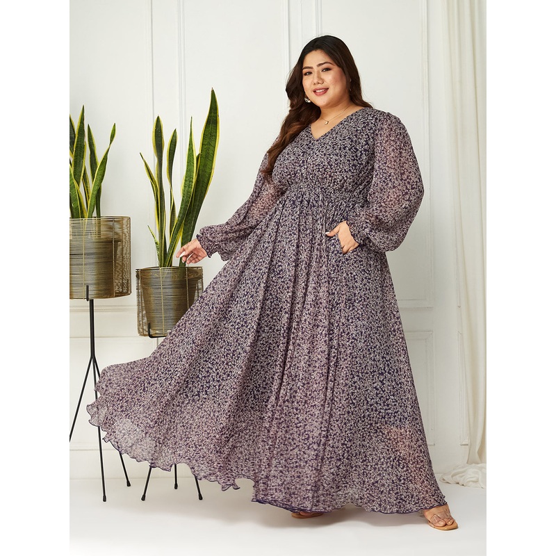 Purple Full Sleeves Floral Printed Fit and Flare Dress for Women XS Purple