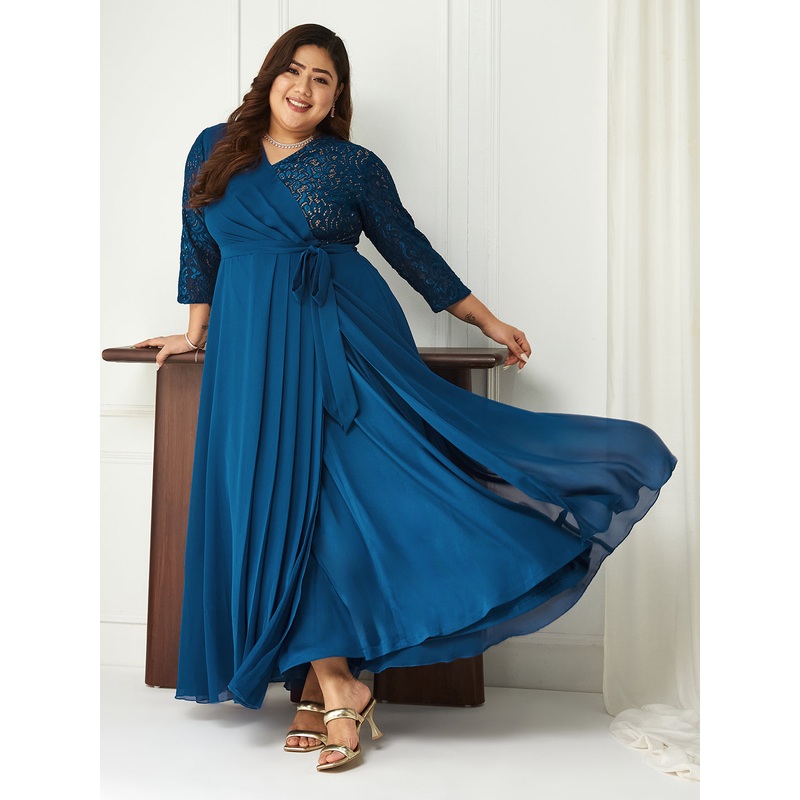 Royal Blue Long Sleeves Lace Wrap Maxi Dress for Women XS Blue