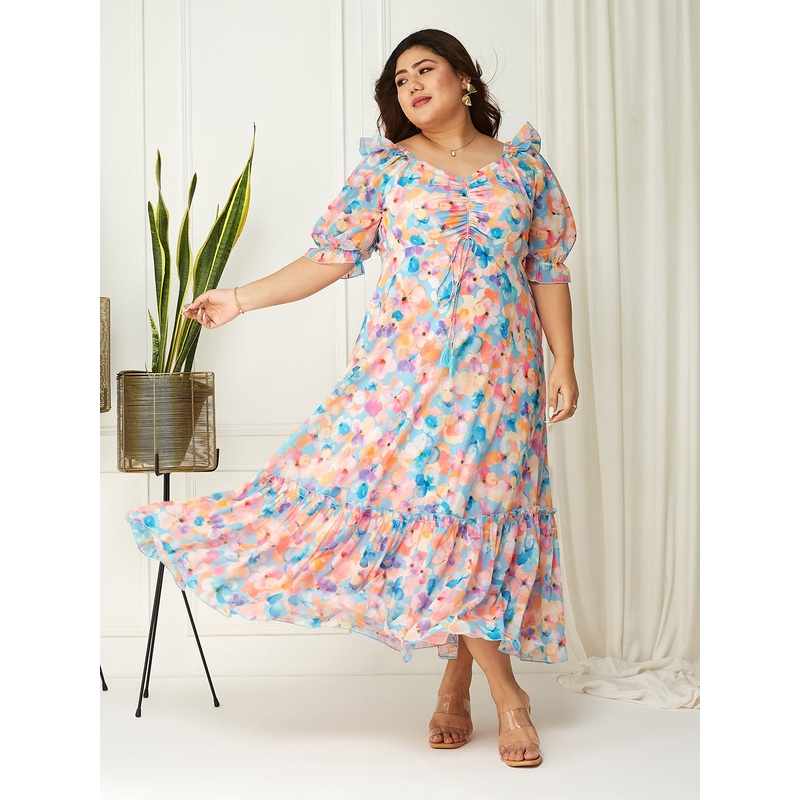 Sky Blue Multicoloured Floral Printed Puff Sleeves Sweetheart Neck Fit and Flare Maxi Dress for Women XS Multicolor