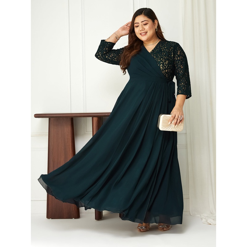 Teal Long Sleeves Lace Wrap Maxi Dress for Women XS Teal