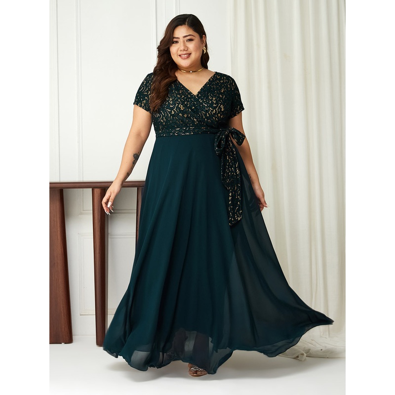 Teal Short Sleeves Wrap Fit and Flare Dress with Lace Belt for Women XS Teal