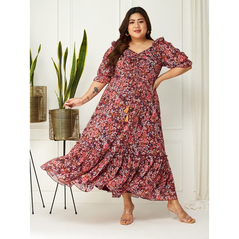 Wine Multicoloured Floral Printed Puff Sleeves Sweetheart Neck Fit and Flare Maxi Dress for Women XS Multicolored